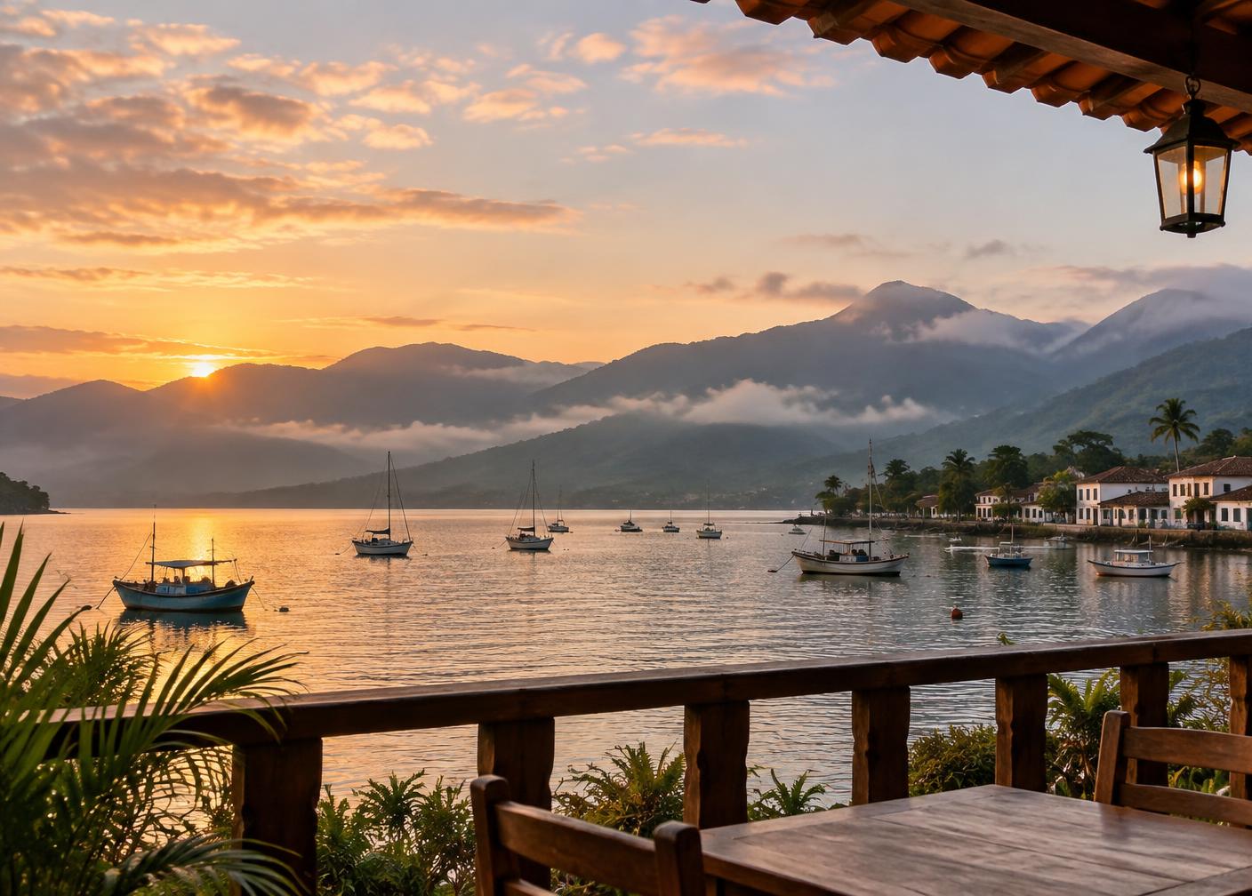 Varanda com vista para a baía de Paraty ao amanhecer